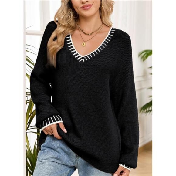 Women's Sweater Casual V Neck Long Sleeve Contrast Knit Pullover - Picture 3 of 6